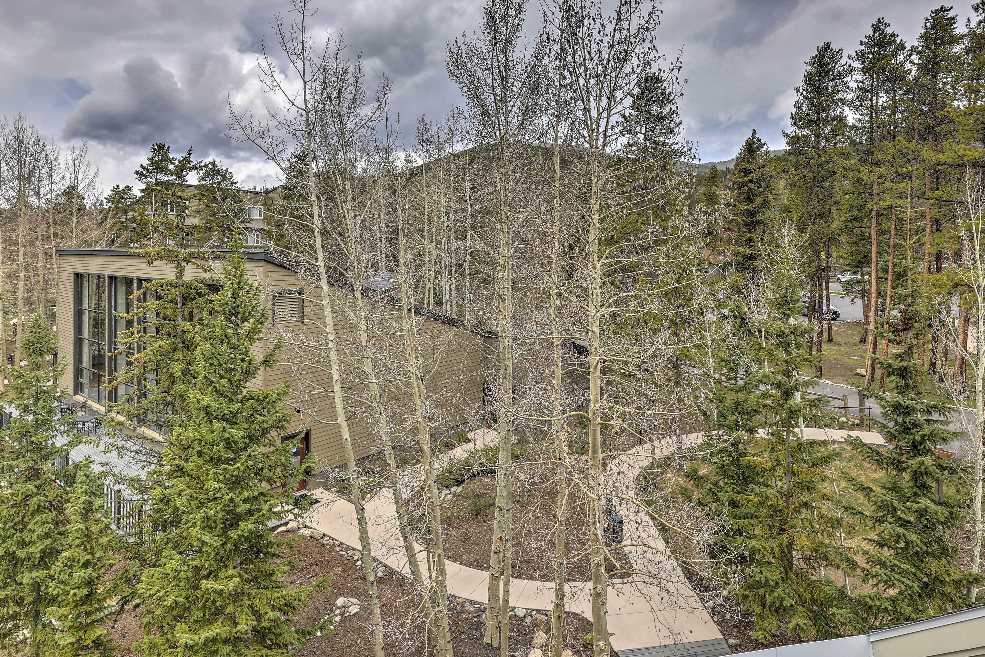 A residential area with a modern building, a winding pathway, and surrounding trees.