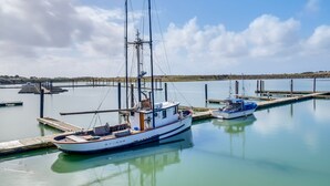 Ein Yachthafen mit mehreren Booten, die an Holzstegen vertäut sind.