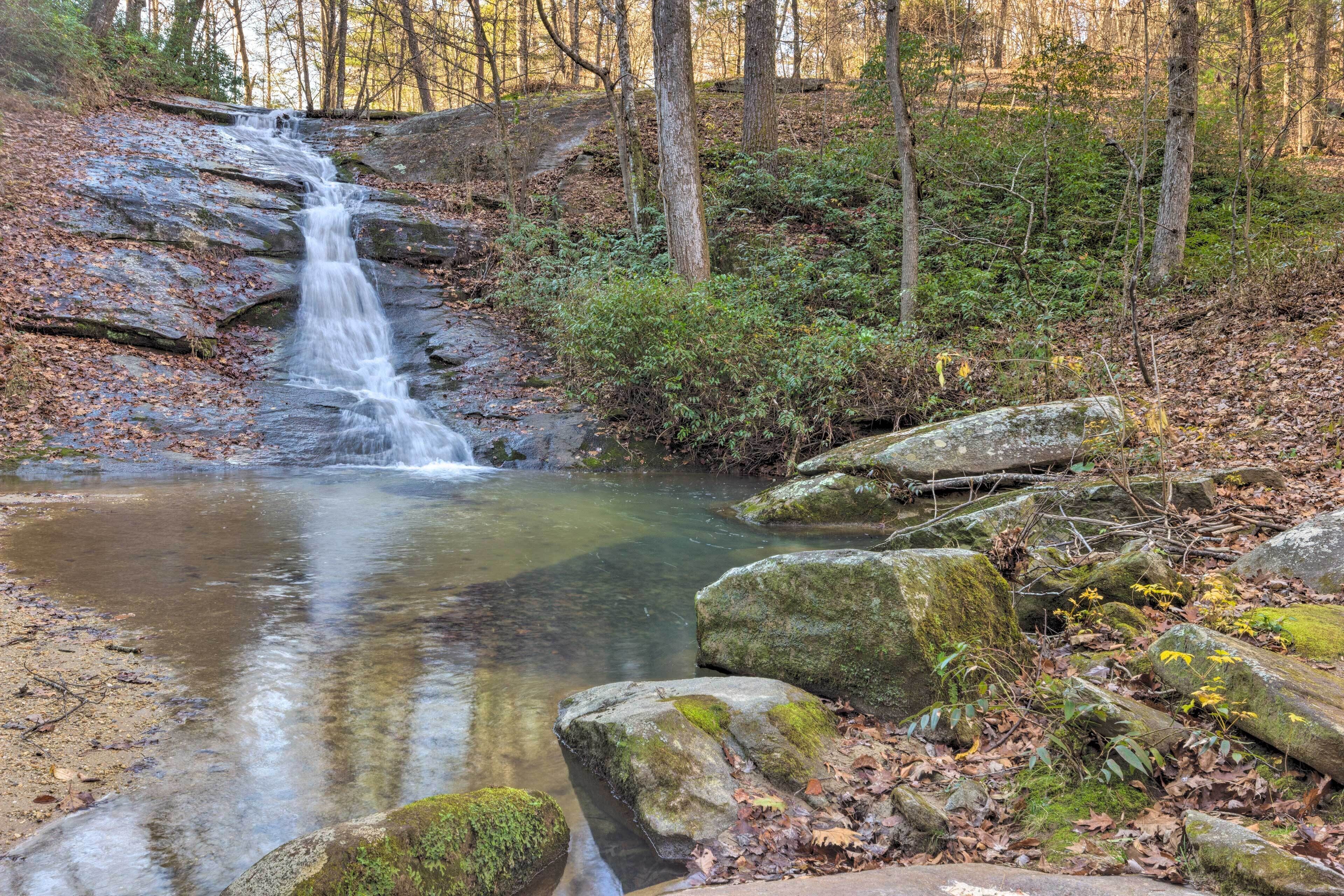 Une cascade située dans une zone boisée, avec des rochers et de la végétation.
