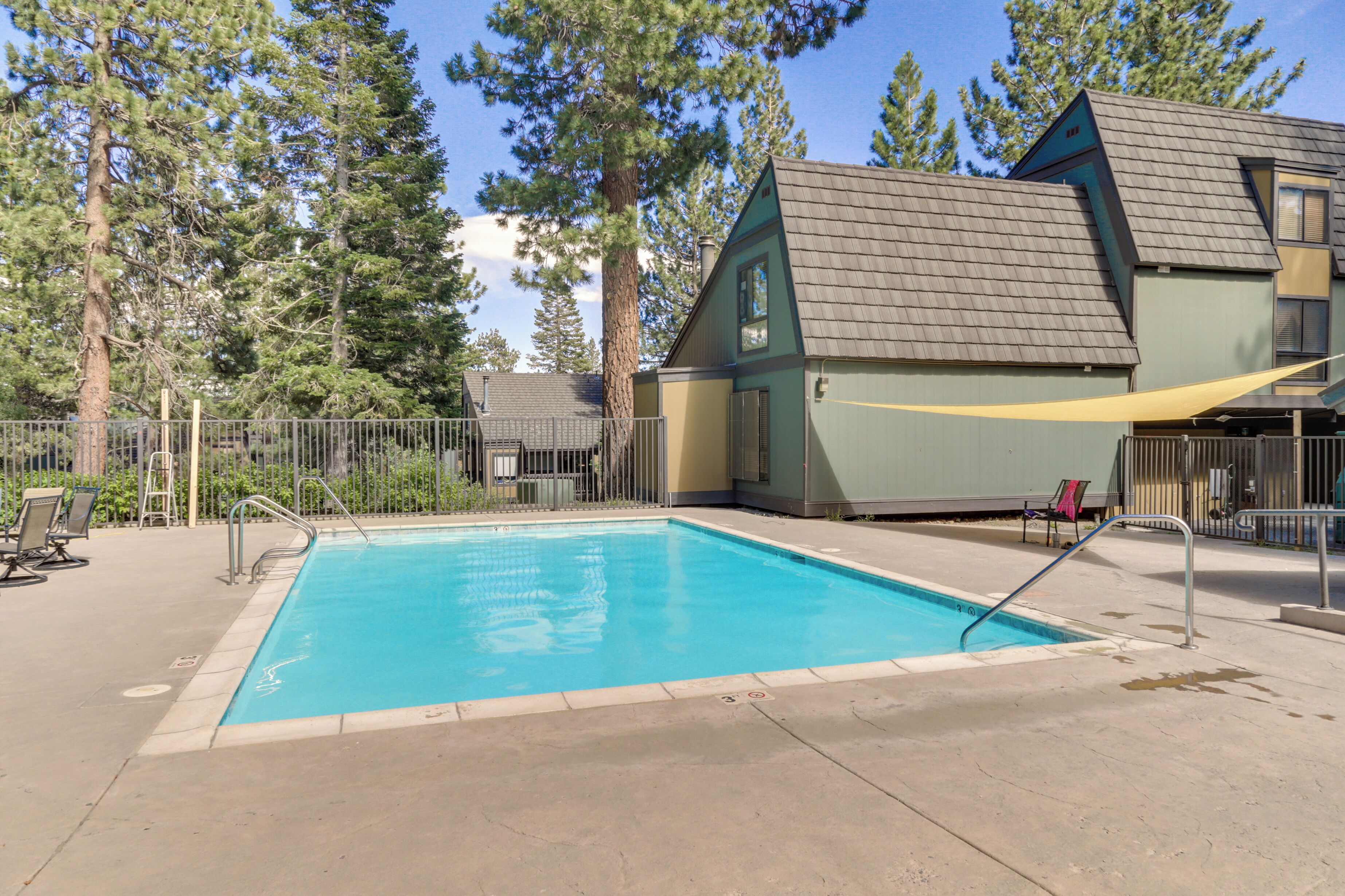 A rectangular swimming pool with a metal ladder, surrounded by a concrete deck, trees, and a building with a sloped roof.