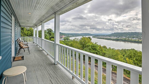 A covered porch with a view of a river and hills. - Queen City Home w/ Ohio River View - 3 Mi to Dtwn! (Cincinnati)