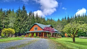 Une cabane en bois avec un toit vert, entourée d’une forêt et bordée d’une allée de gravier.