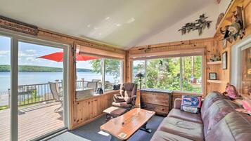 TV, fireplace, books