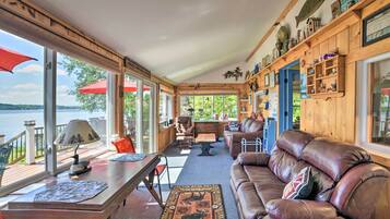 TV, fireplace, books