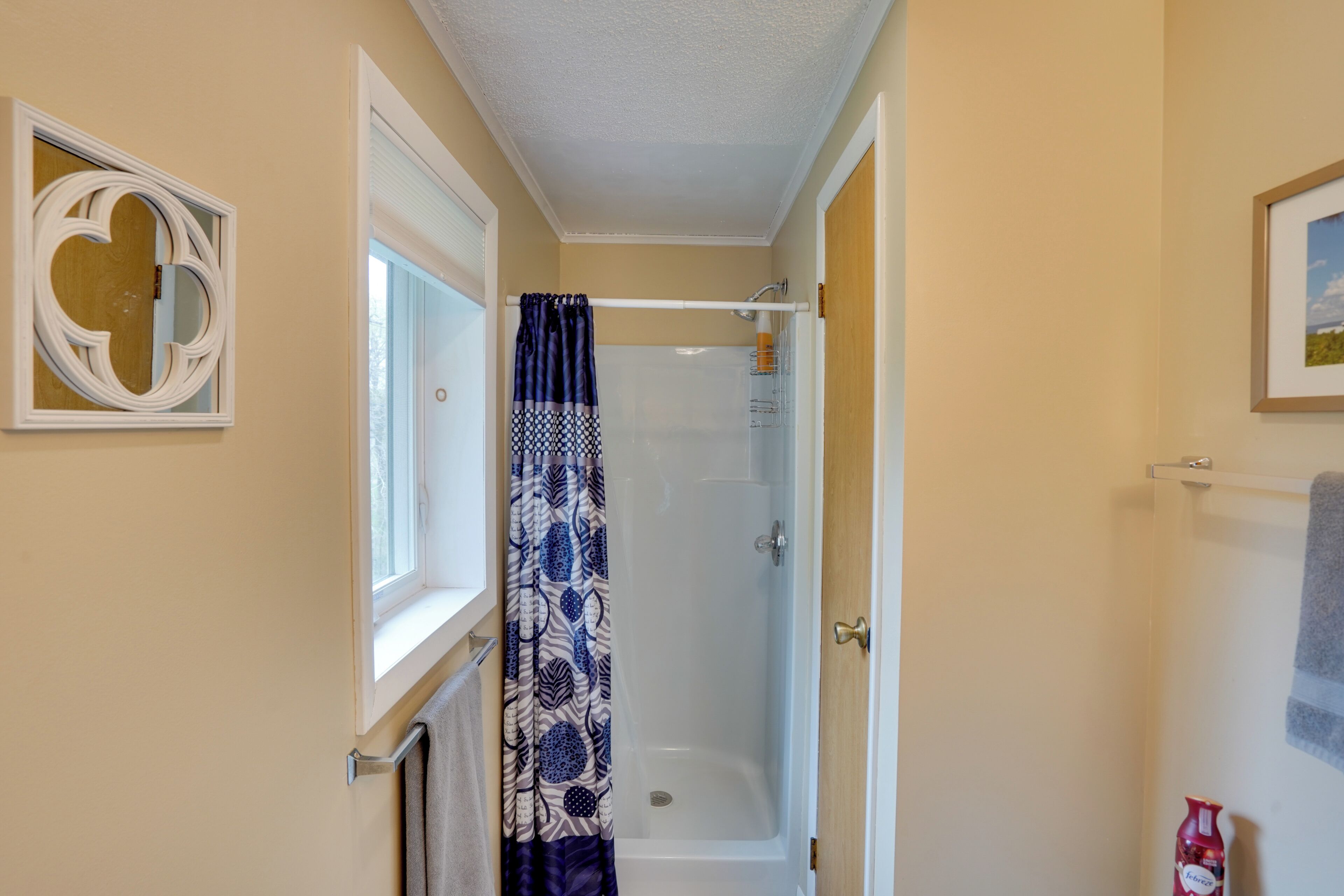 A bathroom with a shower, a towel rack, and a framed picture on the wall.