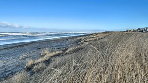 A beach with a grassy area and a row of houses in the background. - Eagles View Condo in Ocean Shores w/ 3 Balconies (Ocean Shores)