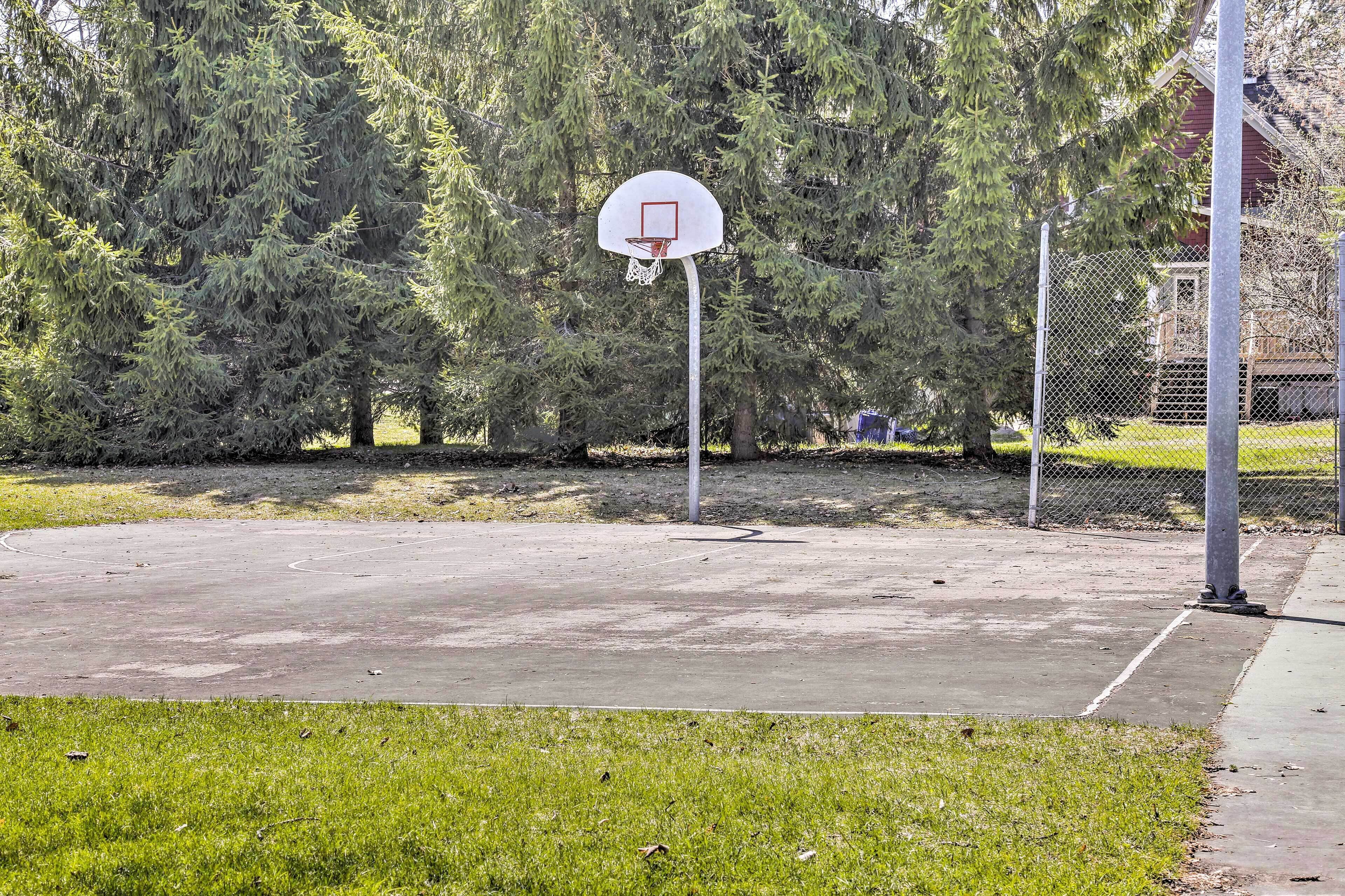 Een buitenbasketbalveld met een ring, omgeven door bomen en een hek.