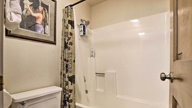Un baño con inodoro, ducha con cortina y un cuadro en la pared.