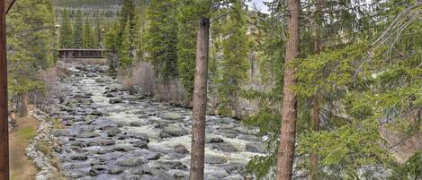 A river flowing through a forested area with a wooden structure on the left.