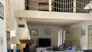 A spacious living area with a high ceiling, a television, a sofa, and a dining table. - Vacation villa / Swimming pool, lake, forest (biscarrosse)