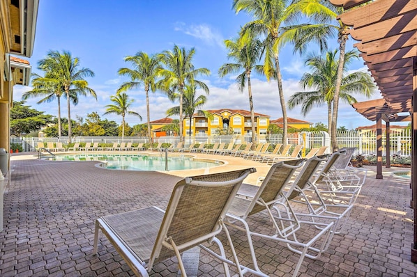 A poolside area with lounge chairs, palm trees, and a building in the background.