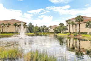 A residential area with a fountain in the foreground, surrounded by a pond with water lilies and reeds.