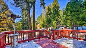 Un patio in legno con un riscaldatore metallico, circondato da neve e alberi.