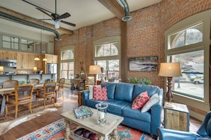 Apartment (2 Bedrooms) | Living area | TV, DVD player, iPod dock, books - Updated Rustic-chic Condo on Ouray's Main Street! (Ouray)