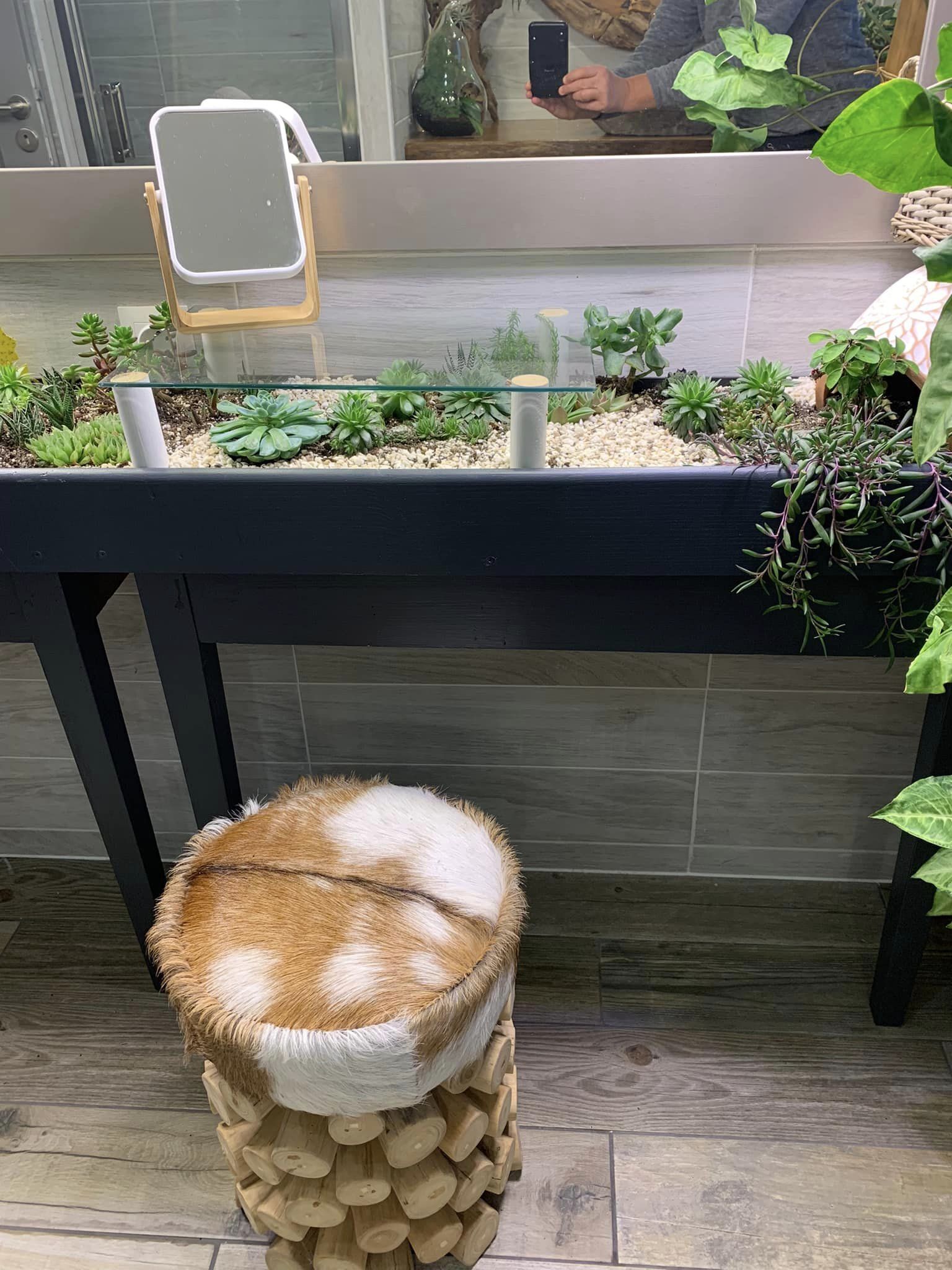 A wooden stool with a cushion, a glass-top table with plants, and a chair.