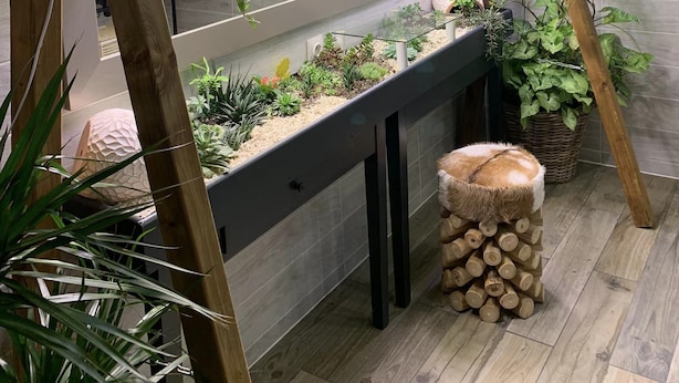 Una cocina moderna con una celosía de madera, luces colgantes y varias plantas.