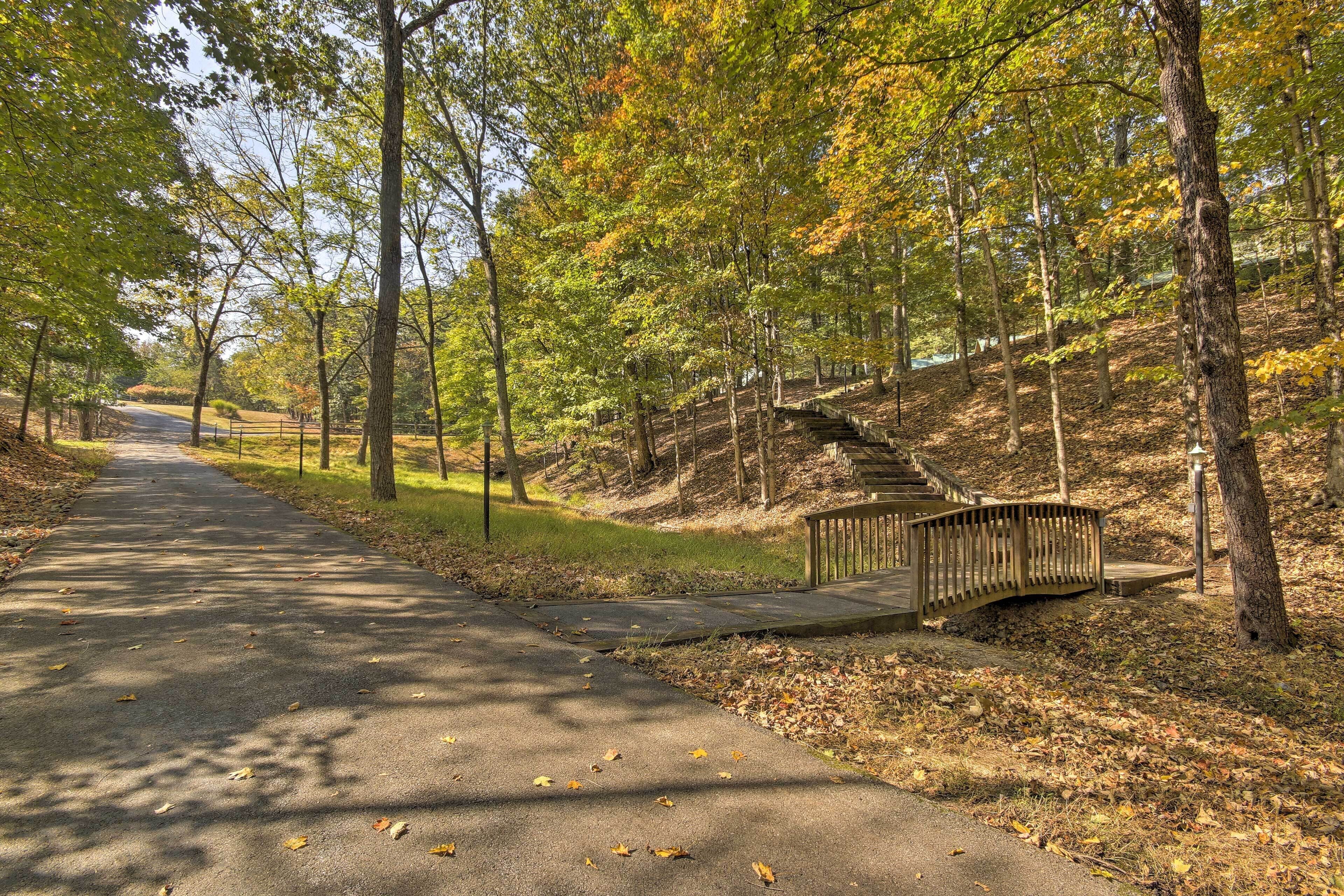 A paved pathway with a wooden bridge, surrounded by trees with autumn foliage.