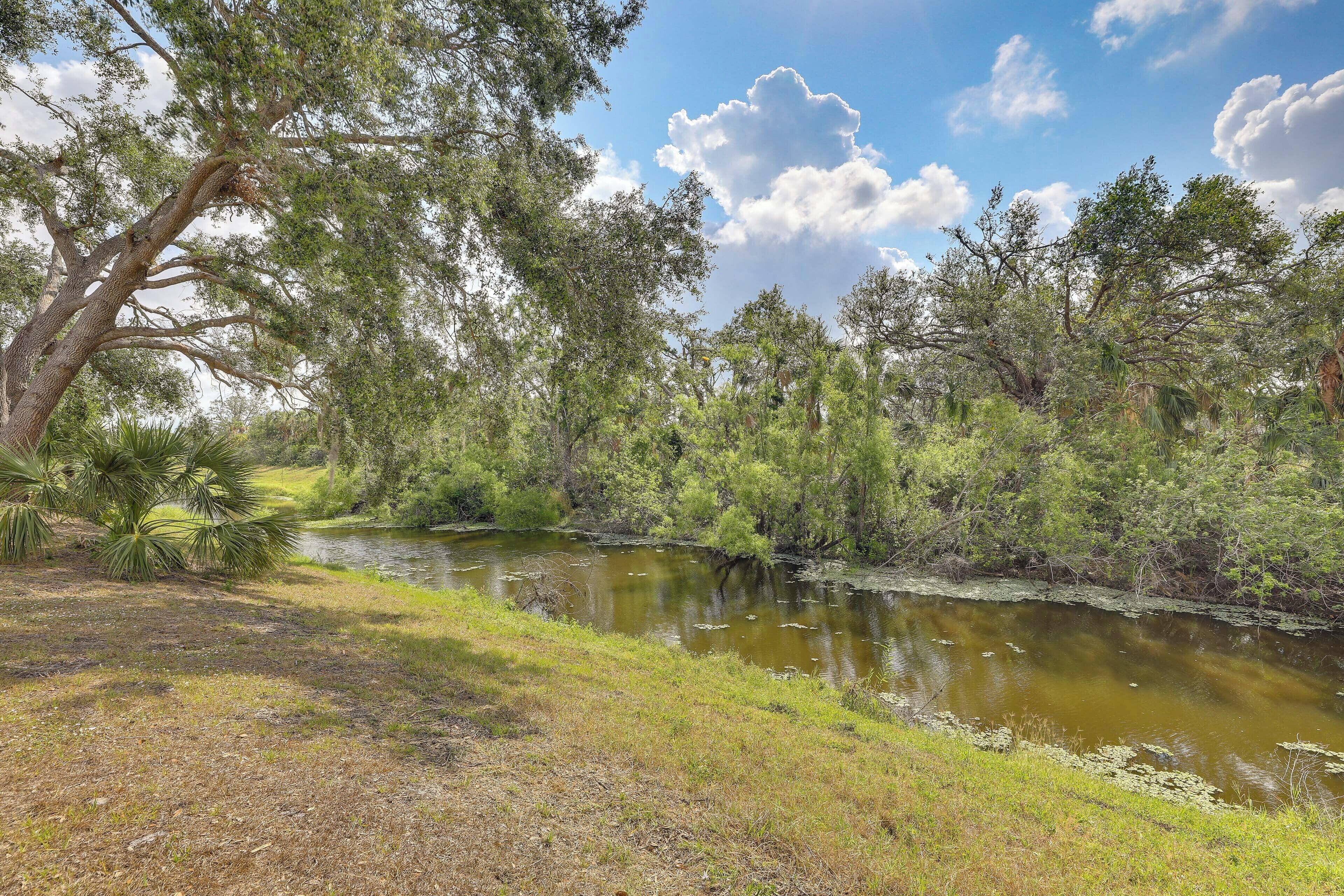 A natural landscape with a river, trees, and a grassy area.