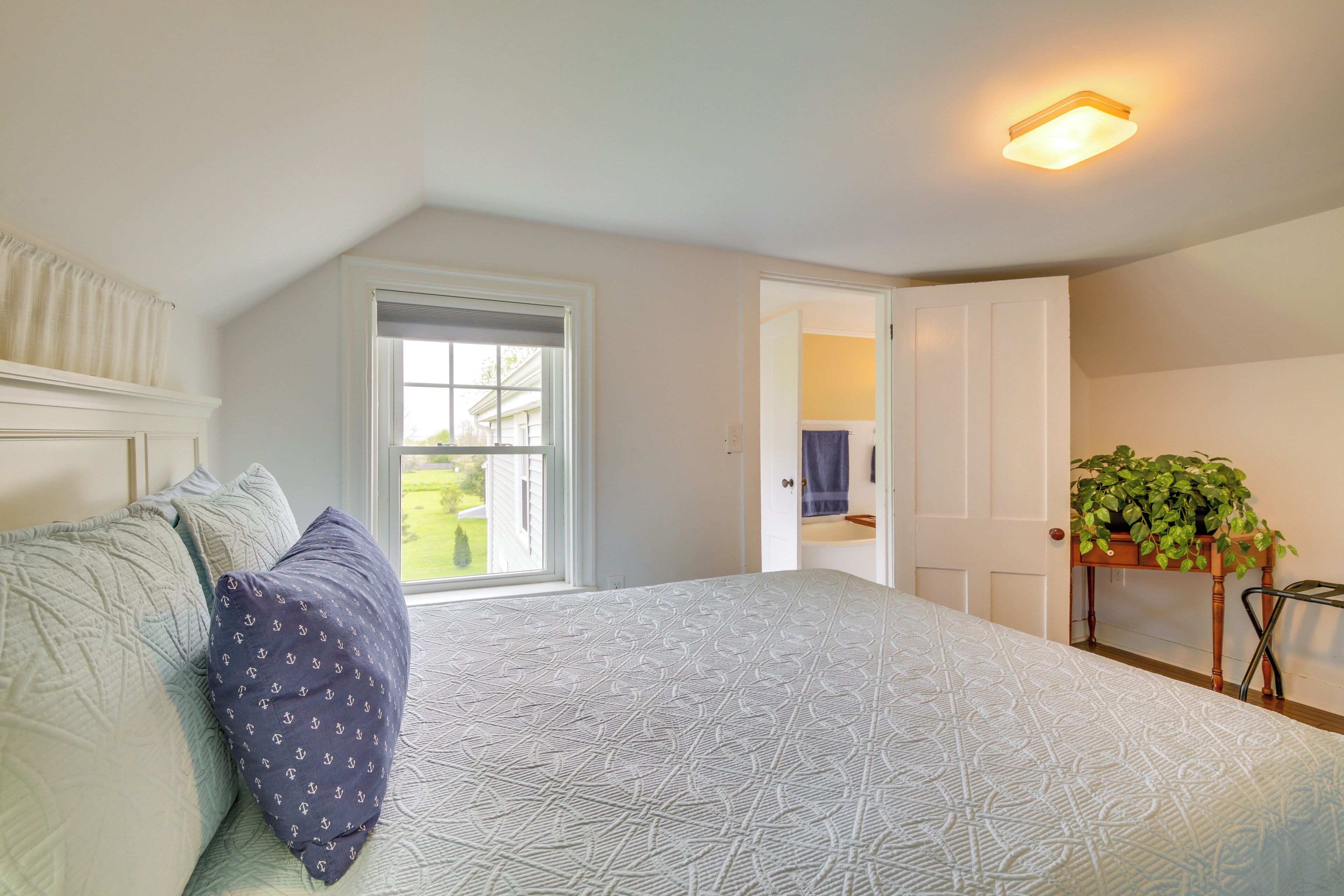 A bedroom with a large bed, a window, a door, and a plant.