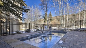 Une piscine avec des marches, entourée d’une clôture en métal noir, et des arbres en arrière-plan.