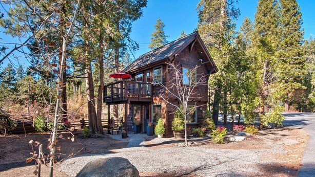 Un chalet rustique doté d’une terrasse, entouré de grands arbres et bordé d’une allée en gravier.