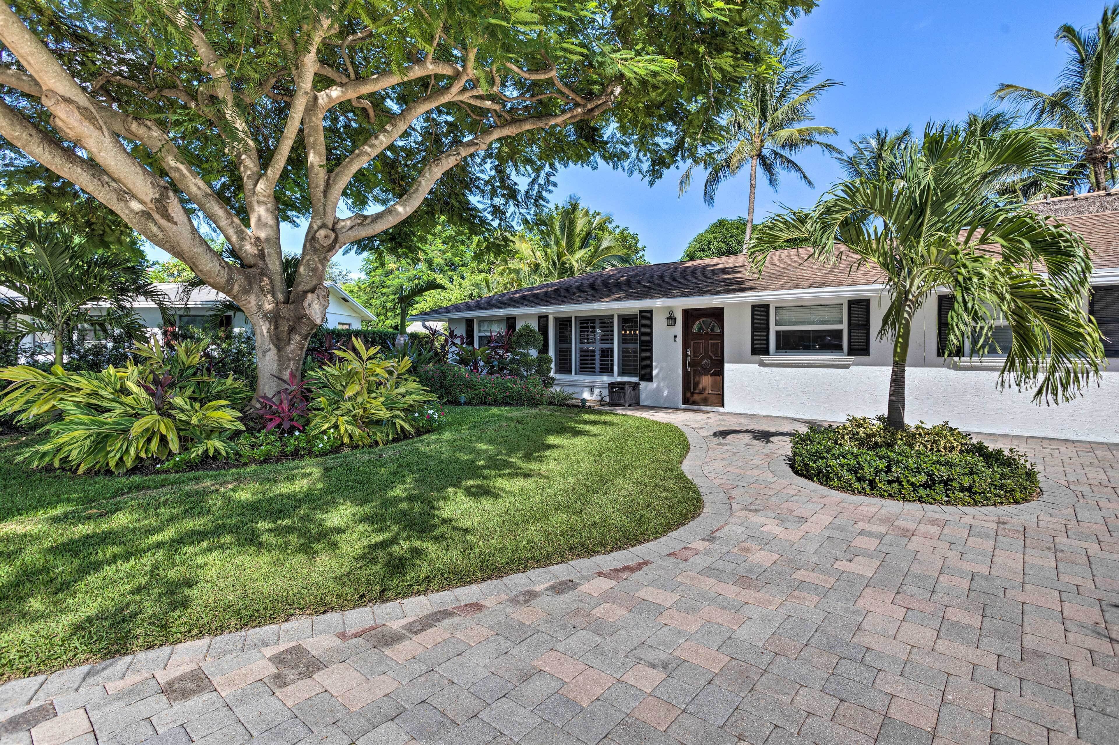 A house with a paved driveway, a large tree, and a well-maintained lawn.