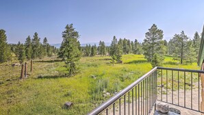 A balcony with a metal railing overlooking a grassy field with trees and a clear sky. - Fraser Couple's Hideaway w/ Indian Peaks View (Fraser)