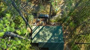 Vista aérea de una cabaña con techo verde, rodeada de un bosque denso.