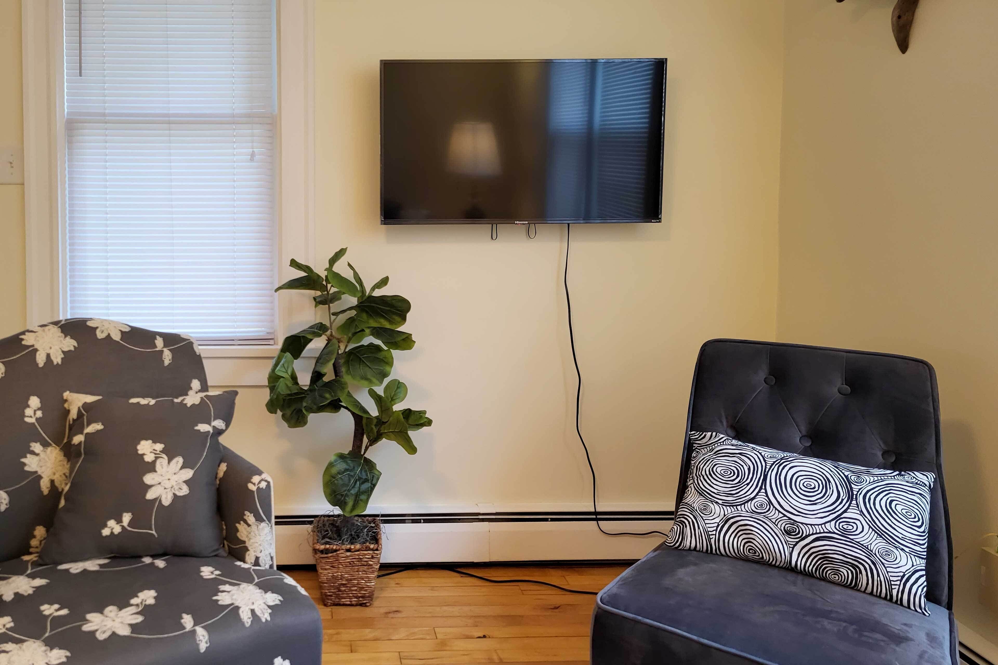 Una sala de estar con un televisor de pantalla plana en la pared, una planta en maceta y dos sillones con cojines estampados.