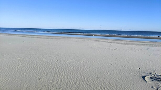 A sandy beach with footprints and a clear blue sky. - 1 Mi to Beach: Family-friendly Evian Resort Condo! (Hilton Head Island)
