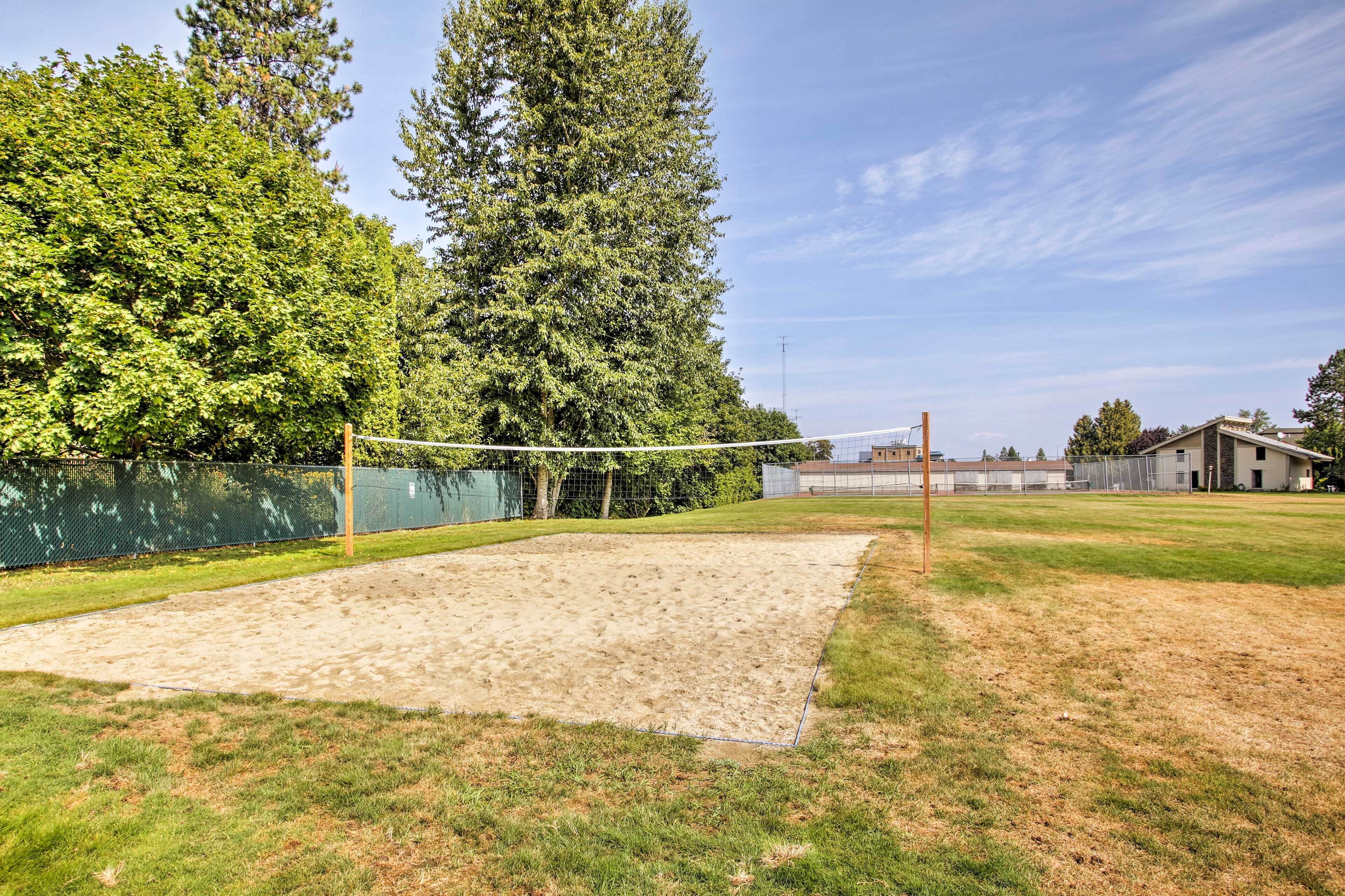 A sandy volleyball court with a net, surrounded by grass and trees.