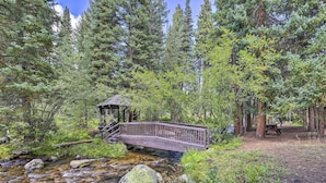 A wooden bridge over a clear stream in a forested area with a picnic table nearby.