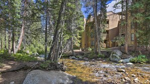 A lodge with a wooden exterior, surrounded by a forest and a clear stream.