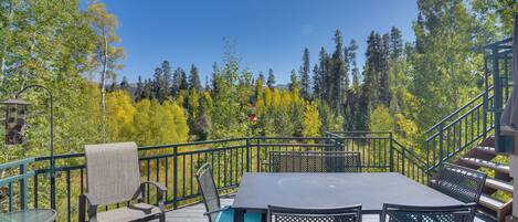 An outdoor deck with a table and chairs, surrounded by a metal railing and trees.