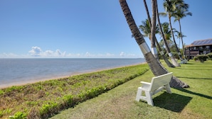 A beach with a white bench, palm trees, and a building with solar panels in the background. - Breezy Kaunakakai Retreat w/ Community Pool! (Kaunakakai)