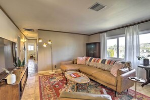 TV, fireplace, books