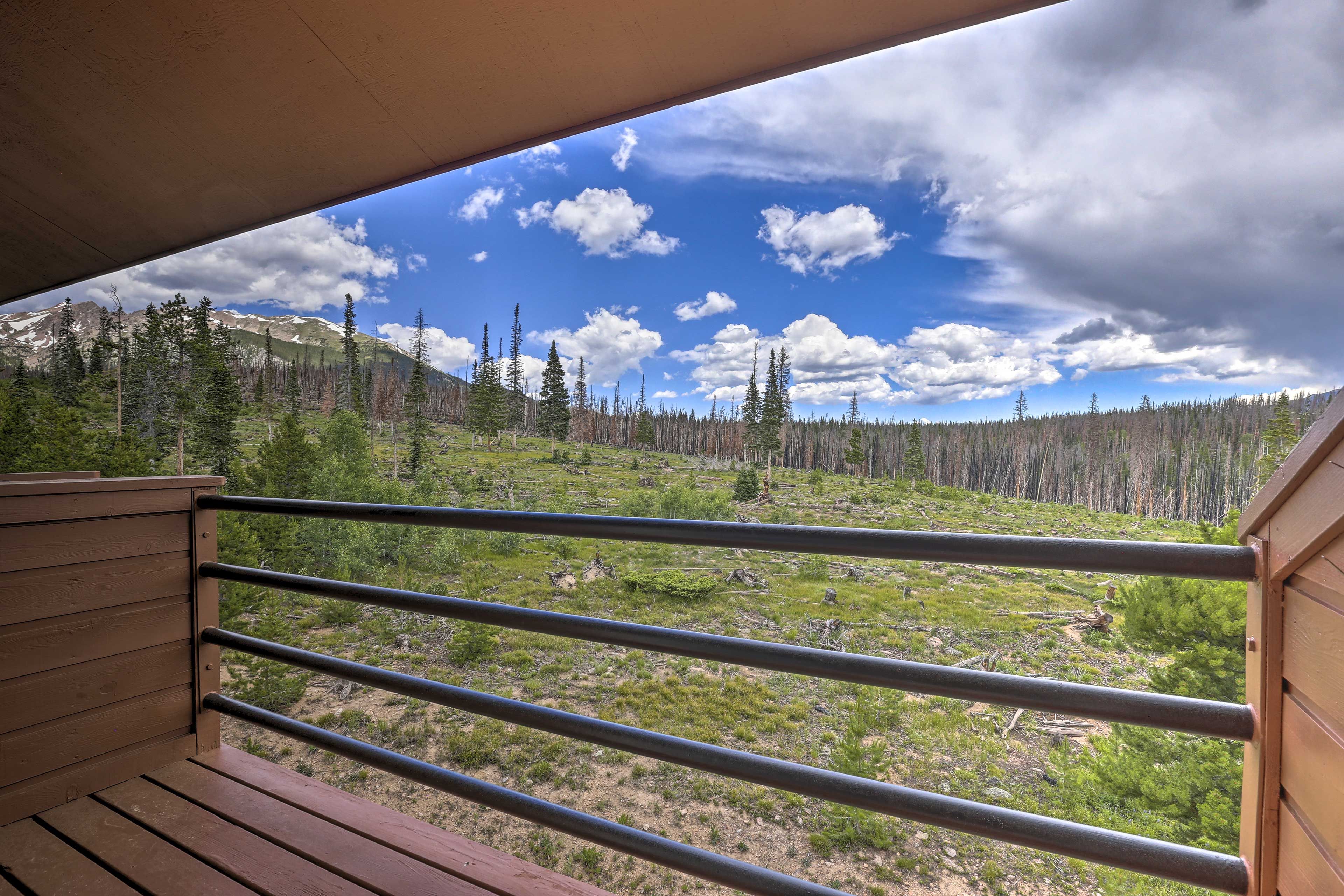 Una terraza de madera con barandillas de metal que da a un paisaje montañoso con árboles dispersos y cielo despejado.