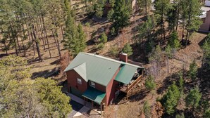 A single-story house with a green roof, surrounded by a forested area. - Stunning Ruidoso Cabin w/ Private Hot Tub! (Ruidoso)