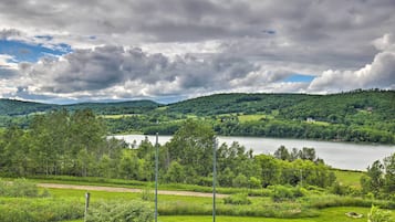 A lush green landscape with a lake, trees, and a distant house.