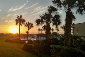 A sunset view with palm trees, a swimming pool, and a building in the background.