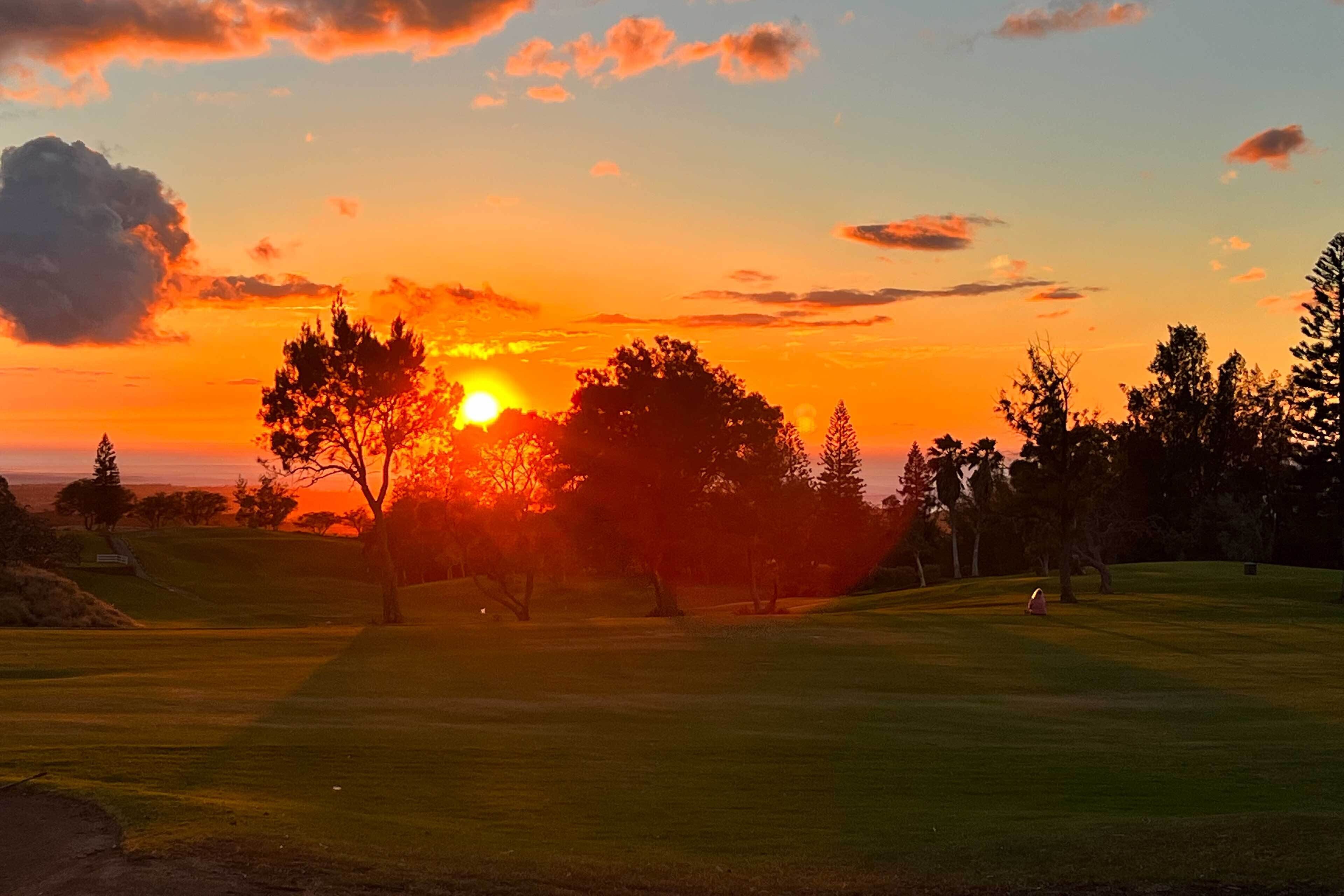 Un terrain de golf au coucher du soleil, avec un ciel dégagé et des arbres au premier plan.