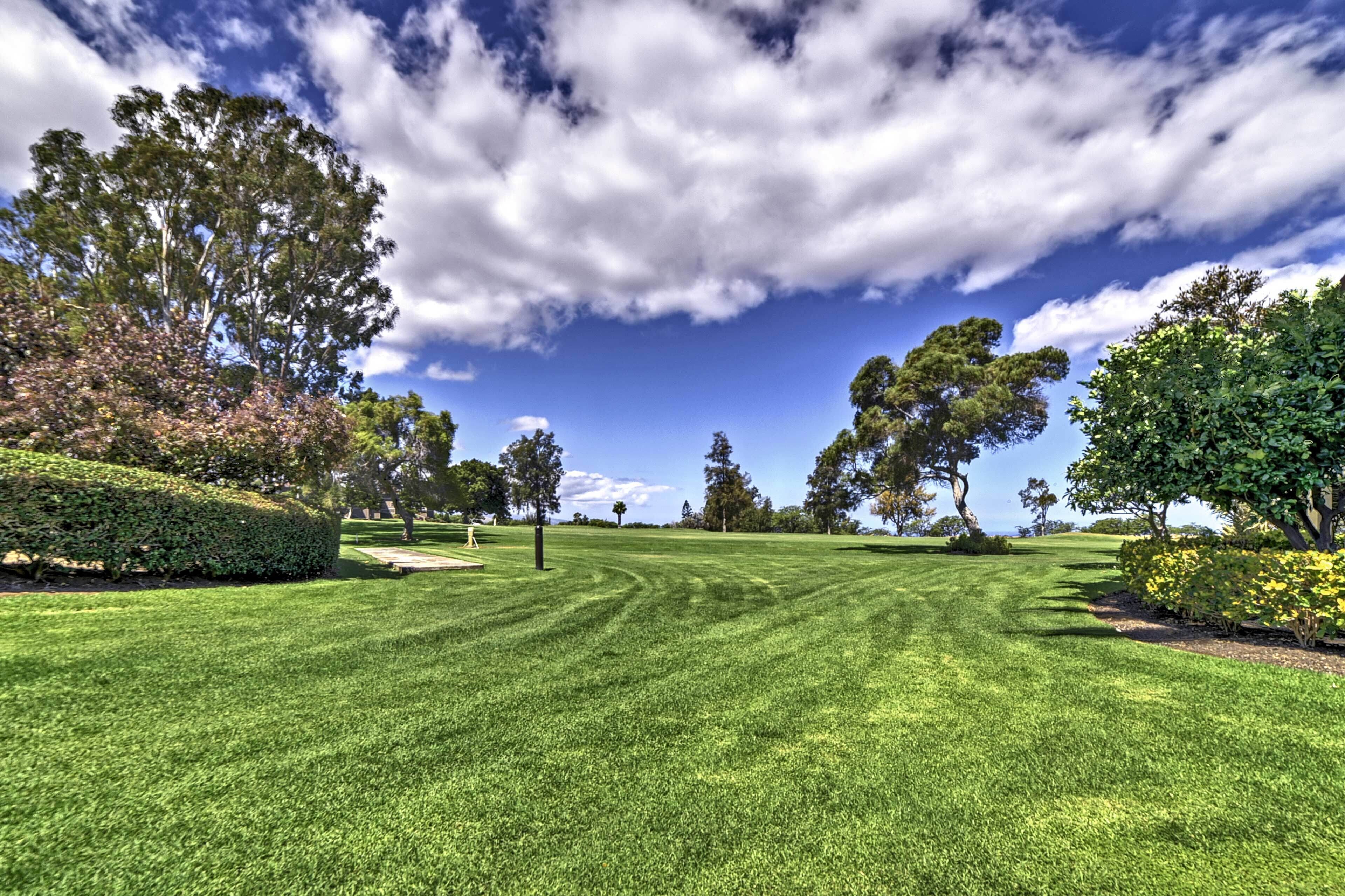 A well-maintained grassy area with trees and a clear sky.