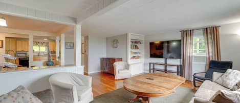 TV, fireplace, video-game console, books