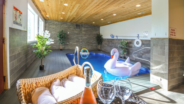 Área de piscina com teto de madeira, boia de cisne e cadeira de vime com almofadas.