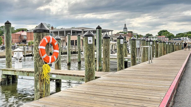 A wooden pier with numbered posts, a lifebuoy, and a distant view of buildings and a tower. - Chic Condo w/ Balcony in the Heart of Annapolis! (Annapolis)