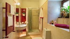 A bathroom with a shower, toilet, sink, and a mirror. - Apartment with terrace (Rasiglia)