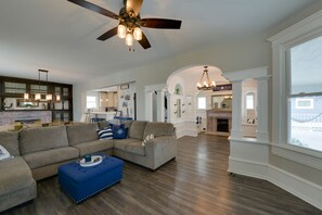 TV, fireplace, books - North Wildwood Home w/ Porch ~ 3 Blocks to Beach! (North Wildwood)