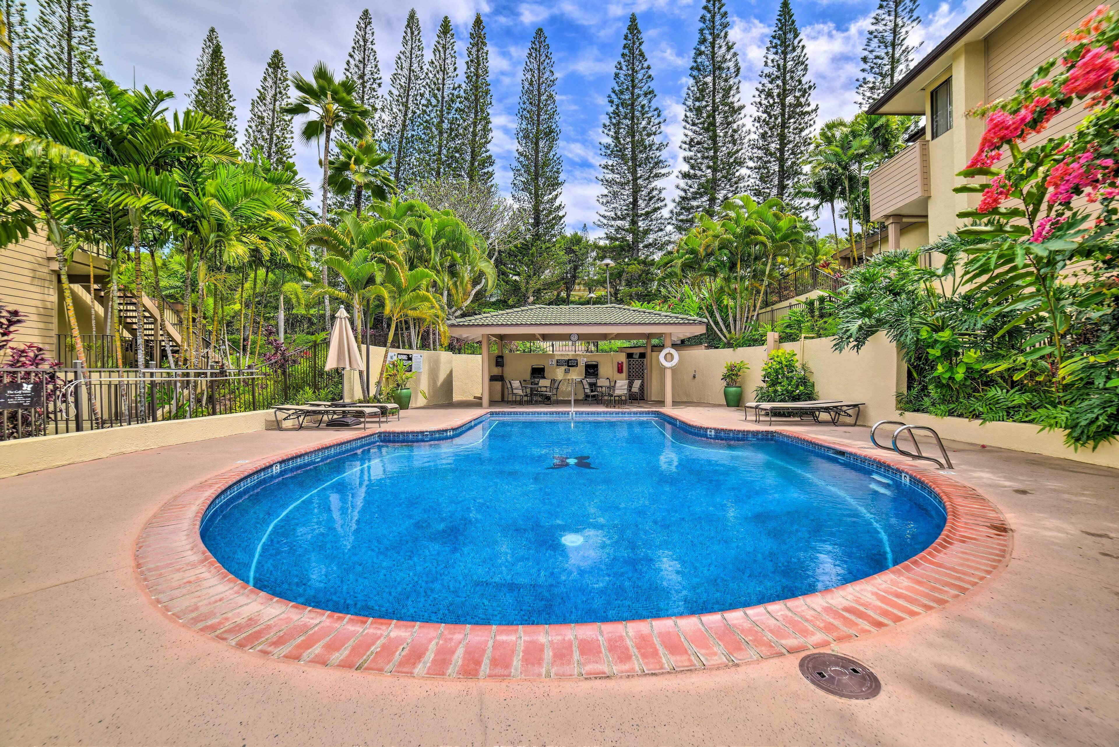 A circular pool with a brick edge, surrounded by palm trees and a covered seating area.