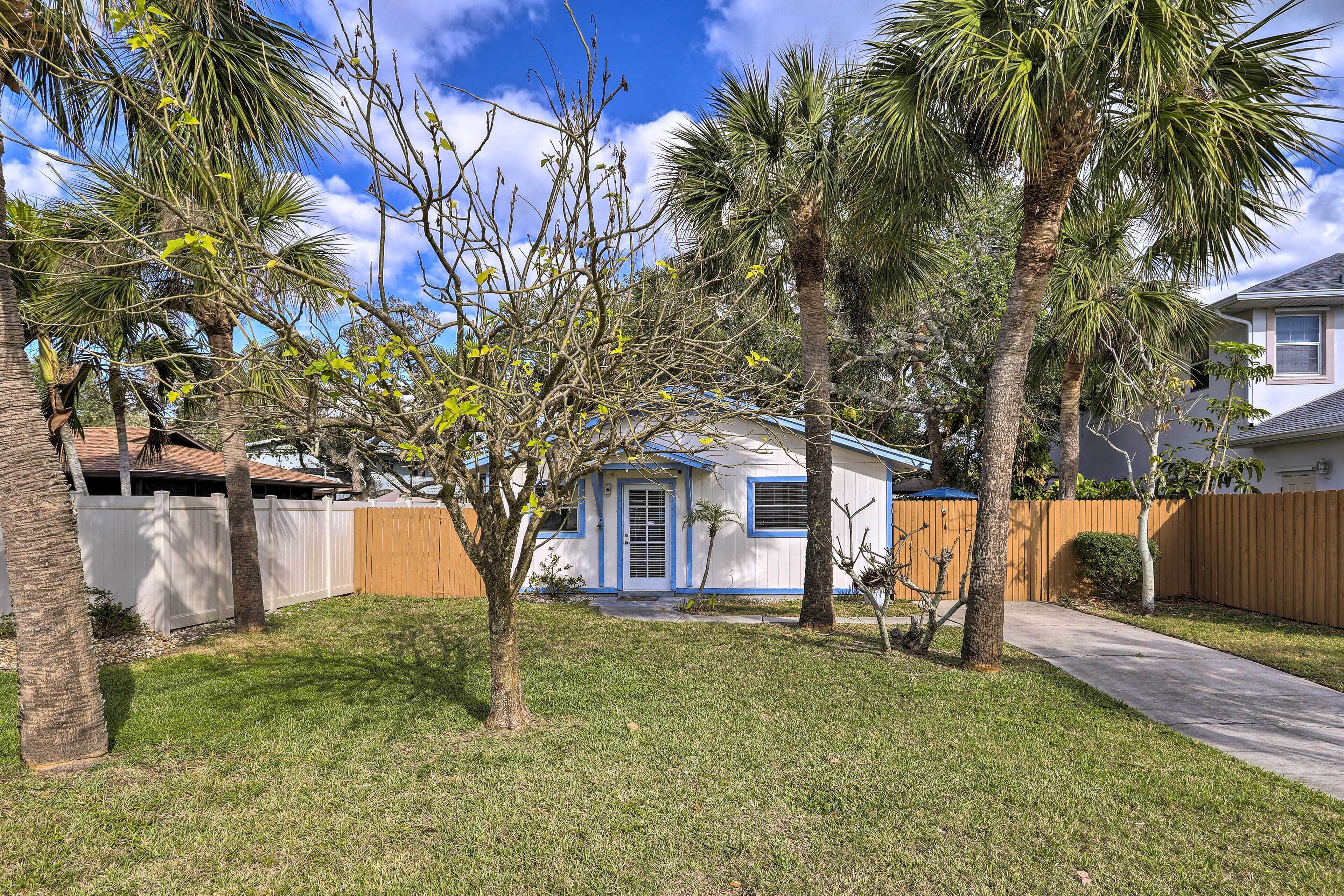 A residential property with a fenced yard, palm trees, and a house with a blue door and windows.