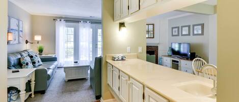 TV, fireplace, books